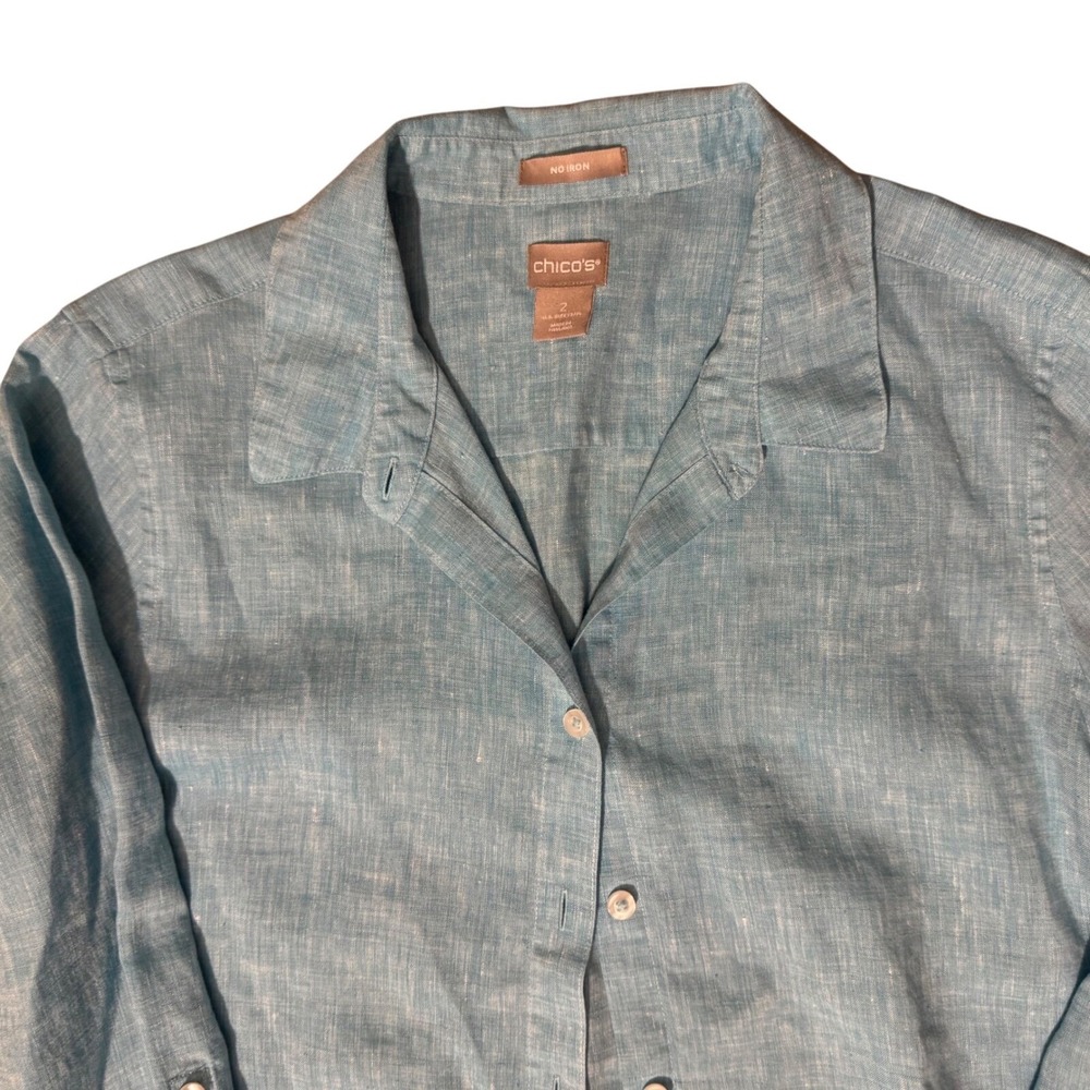 Chico's Womens‎ 2 12/14 Shirt 100% Linen Button Down Roll Tab Sleeves Aqua Blue - Picture 5 of 5